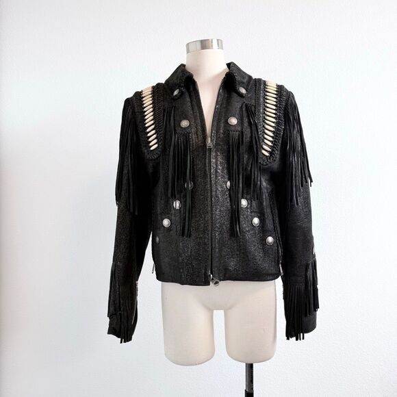 Tribe America Black Leather Fringe Suede Jacket Coat Small Concho Beaded - Picture 2 of 6